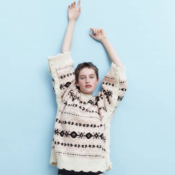 Zara Jacquard Knit Sweater With Side Vents Pink Cream - Picture 6 of 6